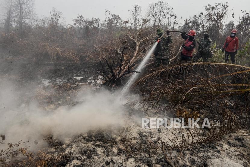 Sejumlah petugas Manggala Agni bersama anggota TNI berusaha melakukan pendinginan saat kebakaran hutan di Desa Rimbo Panjang, Kabupaten Kampar, Riau, Selasa (17/9).