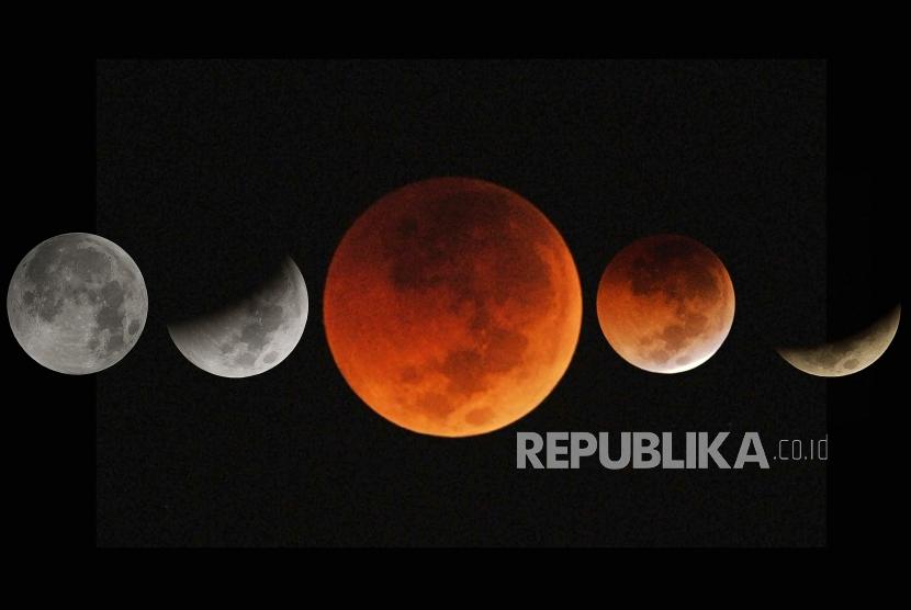 Fase fenomena gerhana bulan total terlihat di wilayah Bekasi, Jawa Barat, Sabtu (28/7).