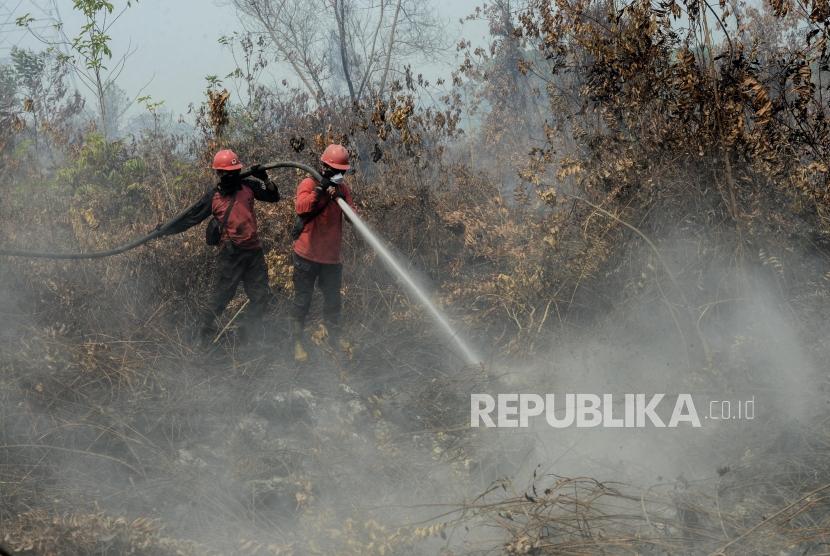 Sejumlah petugas Manggala Agni bersama anggota TNI berusaha melakukan pendinginan saat kebakaran hutan di Desa Rimbo Panjang, Kabupaten Kampar, Riau, Selasa (17/9).
