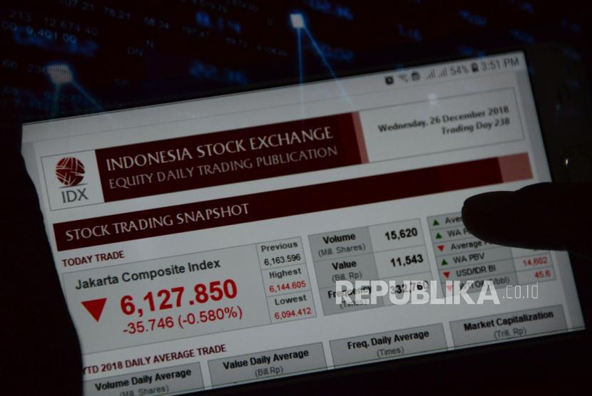 Seorang karyawan mengamati pergerakan Indeks Harga Saham Gabungan (IHSG) melalui gadget. ilustrasi