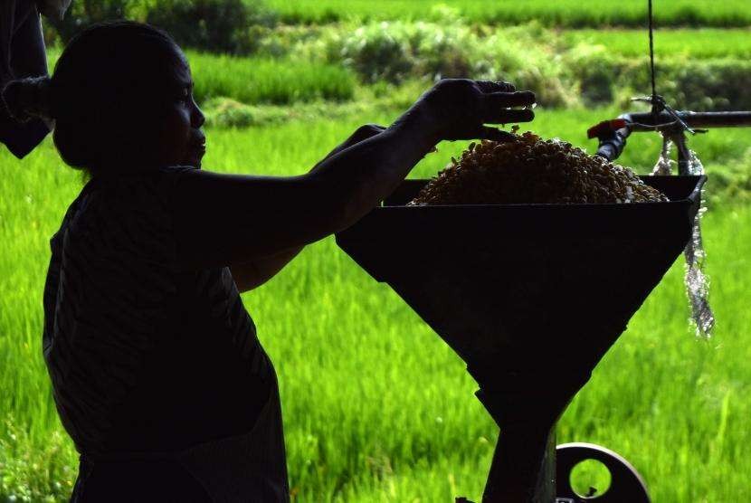 Pekerja mengolah kedelai menjadi tahu di salah satu industri kecil di Gunungpati, Semarang, Jawa Tengah, Jumat (10/8).