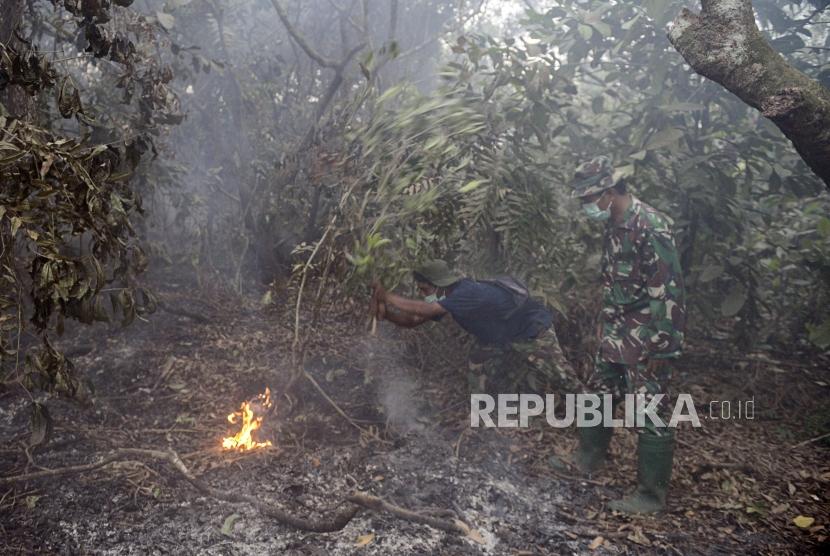 Sejumlah anggota TNI Kodim 0301/Pekanbaru saat berusaha memadamkan api yang menjalar di lahan gambut di kawasan Riau Ujung, Pekanbaru, Riau, Jumat (20/9).