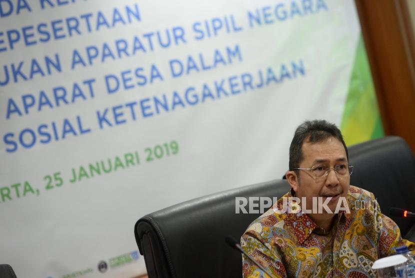 Penghargaan BPJS Ketenagakerjaan. Direktur Kepesertan BPJS Ketenagakerjaan E Ilyas Lubis menyampaikan sambutan saat pemberian penghargaan di Jakarta, Jumat (25/1/2019).