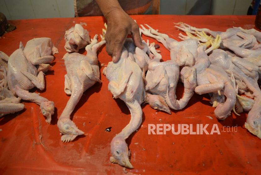 Pedagang melayani pembeli ayam potong di Pasar Jatinegara, Jakarta, Selasa (1/5).