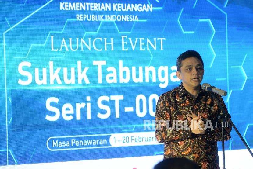 Peluncuran Sukuk ST-003. Direktur Jenderal Pengelolaan Pembiayaan dan Risiko Kementerian Keuangan Lucky Alfirman menyampaikan pengantar saat meluncurkan Sukuk Tabungan ST-003 di Jakarta, Jumat (1/2/2019).