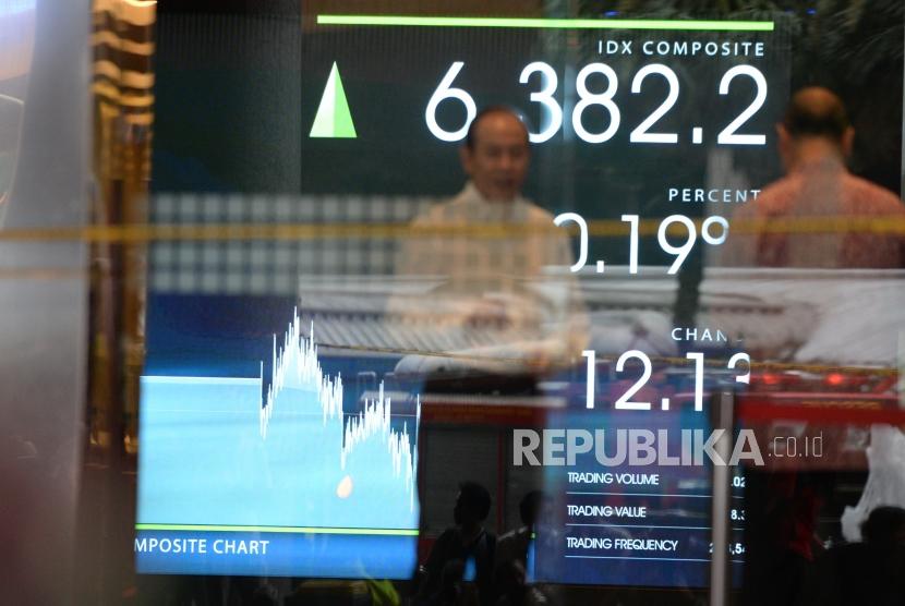 Selasar Ambruk IHSG Tetap Menguat. Monitor menunjukan pergerakan harga saham di BEI, Jakarta, Senin (15/1).