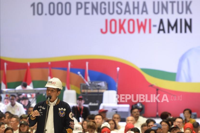 Deklarasi Pengusaha Untuk Jokowi-Amin. Capres Nomer 01 Joko Widodo menyampaikan paparan kinerja  kepada pengusaha saat deklarasi dukungan 10 ribu pengusaha untuk Jokowi-Amin di Istora Senayan, Jakarta, Kamis (21/3/2019).