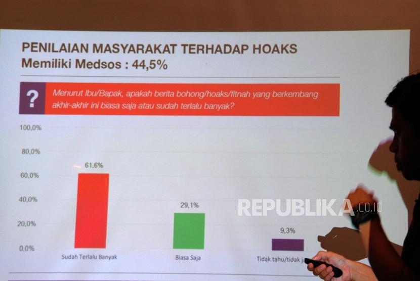 Peneliti Digitroops Yusep Munawar Sofyan memberikan paparan hasil survey Nasional Digitroops Indonesia: Hoaks di Media Sosial dan Efek Elektoralnya di Jakarta, Kamis (11/4).