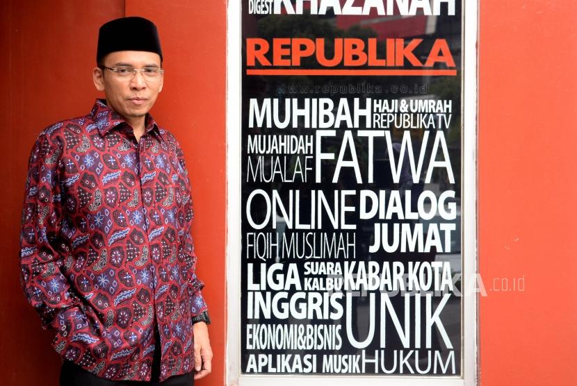 Tokoh Nasional yang juga Gubernur NTB Muhammad Zainul Majdi atau Tuan Guru Bajang (TGB) saat berkunjung ke Kantor Republika, Jakarta, Selasa (17/7).