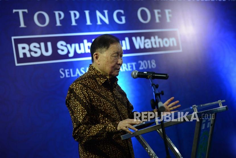 RS Syubbanul Wathon. Chairman Lippo Group Mochtar Riady, menyampaikan sambutan menjelang Topping Off RSU Syubbanul Wathon di Tegalrejo, Magelang, Jawa Tengah, Selasa (20/3).
