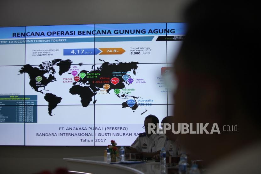 Kemenhub melakukan koordinasi melalui video conference dengan Otoritas Bandara Ngurah Rai di Command Center Kementerian Perhubungan, Jakarta, Senin (27/11).