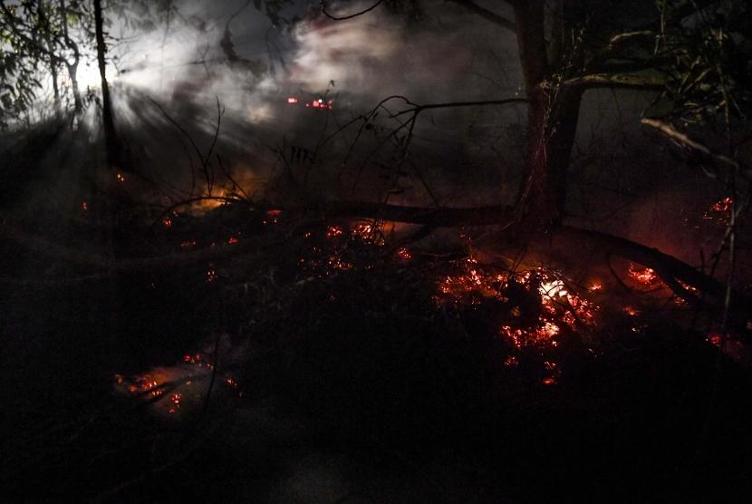 Bara api terlihat di lahan yang terbakar di daerah Sebangau, Palangka Raya, Kalimantan Tengah, Selasa (17/9/2019).