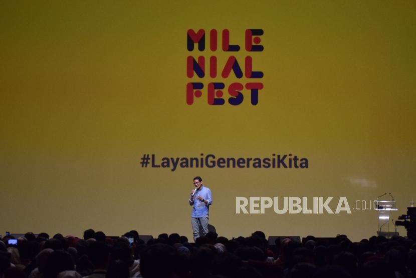 Cawapres No 02 Sandiaga Uno menyampaikan paparanya saat acara Milenial Fest di Jakarta, Ahad (28/10).