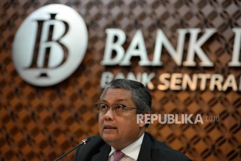 Bank Indonesia (BI): Gubernur Bank Indonesia (BI) Perry Warjiyo menyampaikan pemaparan hasil Rapat Dewan Gubernur (RDG) Bank Indonesia di Bank Indonesia, Jakarta, Kamis (21/2).