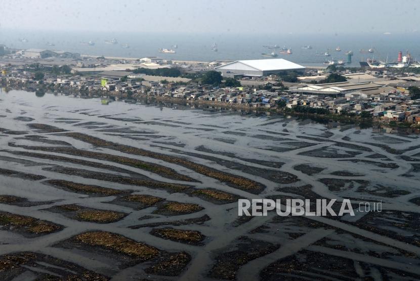 Suasana Waduk Pluit saat airnya menyusut di Jakarta, Selasa (11/6).