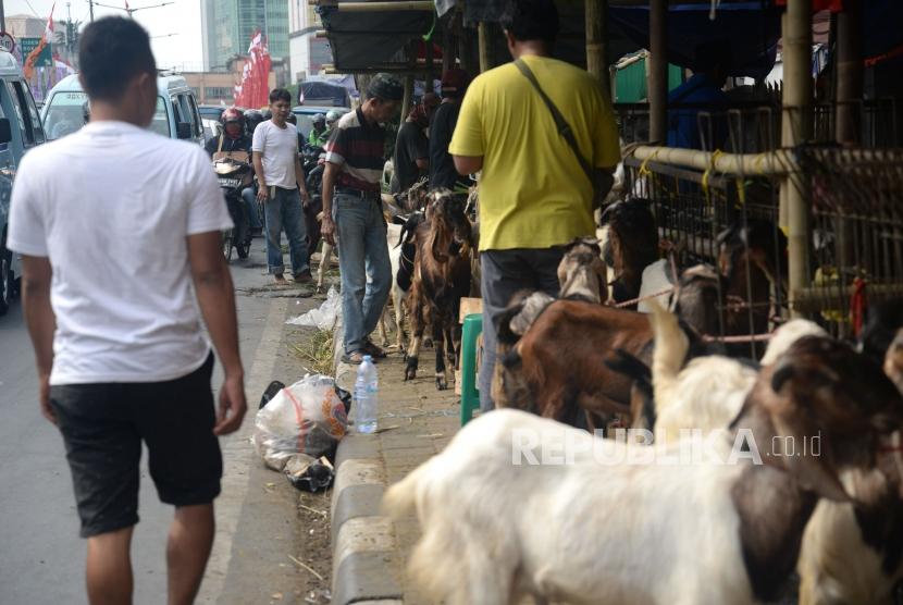 Pedagang menjual hewan kurban dengan memanfaatkan trotoar Jl KH Mas Mansyur, Tanah Abang, Jakarta, Jumat (9/8).