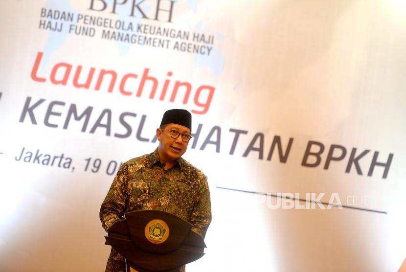 Peluncuran Program Kemaslahatan BPKH. Menag Lukman Hakim Saifuddin memberikan sambutan sekaligus meluncurkan Program Kemaslahatan BPKH di Kementerian Agama, Jakarta, Jumat (19/10).