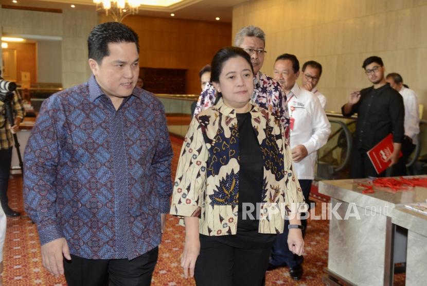 Erick Thohir (kiri) dan Puan Maharani. Keduanya bersama Agus Harimurti Yudhoyono menjadi tokoh dengan elektabilitas tertinggi yang diproyeksikan menjadi bakal calon wakil presiden (cawapres) pada 2024. (ilustrasi)