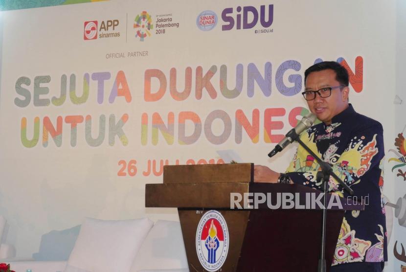 Menteri Pemuda dan Olahraga Imam Nahrawi menyampaikan kata sambutannya pada acara Sejuta Dukungan Untuk Indonesia di Jakarta, Kamis (26/7).