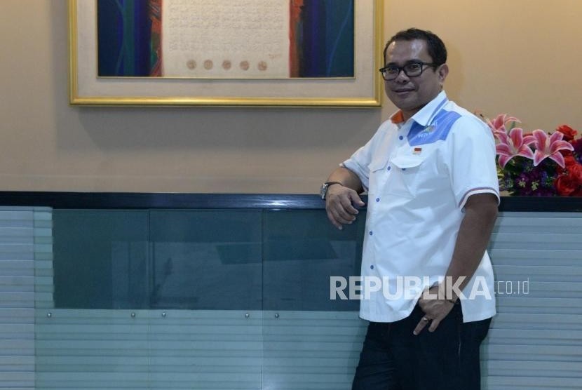 Direktur Utama PT Indonesia Kendaraan Terminal Tbk (IPCC) Chiefy Adi Kusmargono saat berkunjung ke Kantor Republika, Jakarta, Kamis (14/2).