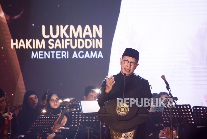 Menteri Agama Lukman Hakim Saifuddin memberikan sambutan saat Peluncuran pembukaan Hari Santri Nasional (HSN) 2019 di Gedung Audit HM Rasjidi, Kantor Kementrian Agama, Jakarta, Kamis (19/9/2019).