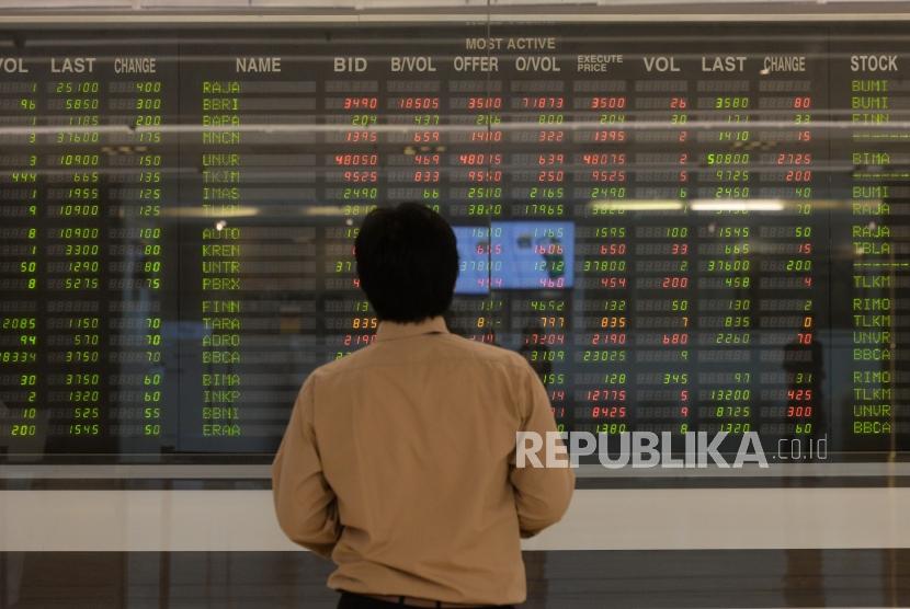 Layar besar menunjukan pergerakan harga saham di Jakarta. ilustrasi