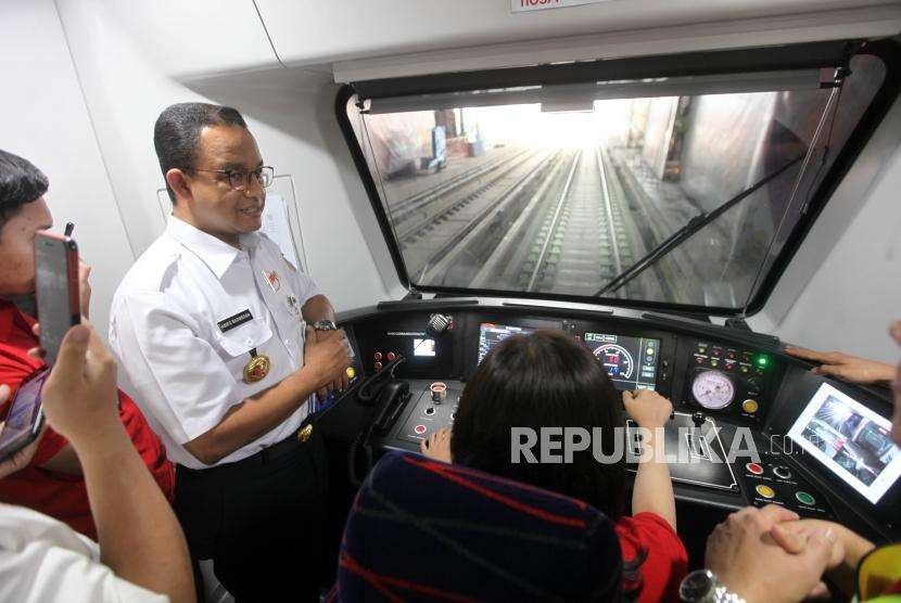 Jakarta Governor Anies Baswedan reviews Light Rail Transit (LRT) limited operation test at LRT Velodrome station, Jakarta, Wednesday (Sept 12).