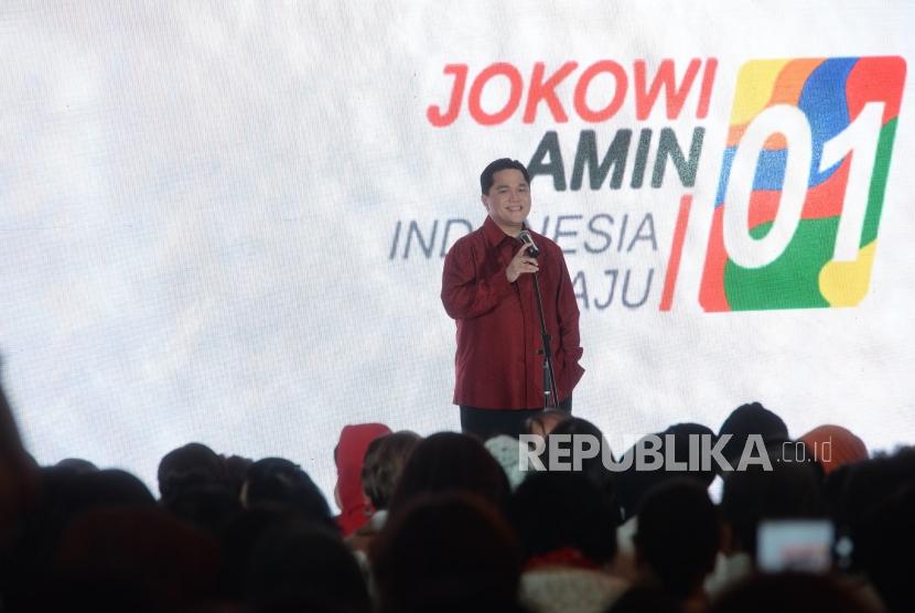 Deklarasi Pertiwi. Ketua TKN Jokowi-Amin Erick Thohir memberikan sambutan saat deklarasi dukungan kepada pasangan calon presiden nomor urut 01 Joko Widodo-Maruf Amin di Jakarta, Sabtu (17/11/2018).