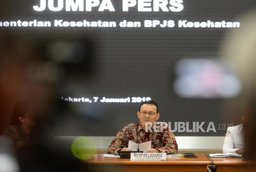 Polemik Pemutusan BPJS Kesehatan. Dirut BPJS Kesehatan Fahmi Idris menggelar konpres bersama di Kemenkes, Jakarta, Senin (7/1/2019).