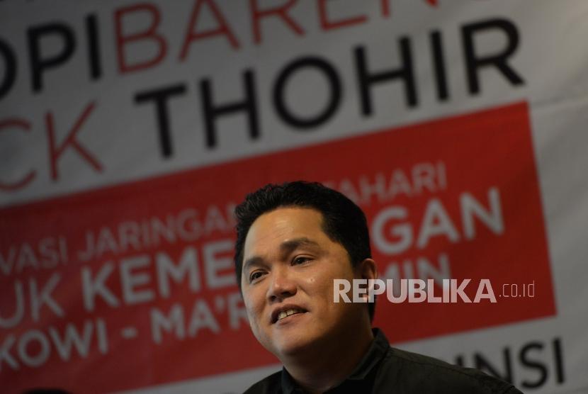 Ngopi Bareng Erick Thohir. Ketua TKN Jokowi-Maruf Amin, Erick Thohir menyampaikan paparan saat acara Ngopi bareng Erick Thohir di Jakarta, Selasa (27/11).