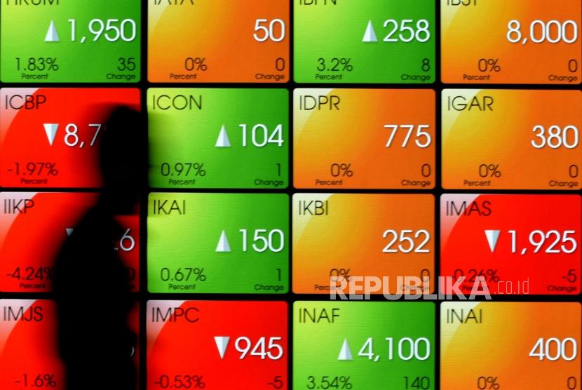 Pekerja melintas di dekat layar pergerakan Indeks Harga Saham Gabungan (IHSG) di Bursa Efek Indonesia (BEI), Jakarta, Rabu (19/9).