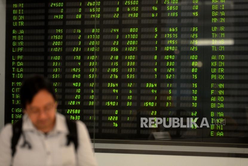 Layar besar menunjukan pergerakan harga saham di Jakarta. ilustrasi