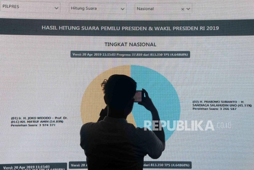 Jurnalis mengambil gambar pada layar perolehan suara sementara di Pusat Informasi Penghitungan Suara dan Rekapitulasi Hasil Penghitungan Perolehan Suara Pemilihan Umum Tahun 2019 di Kantor KPU, Jakarta, Sabtu (20/4).