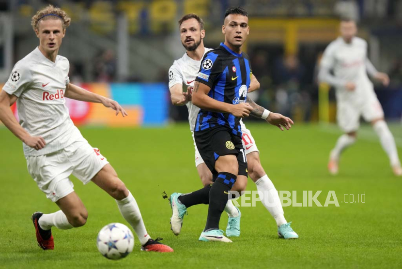 Penyerang Inter Milan Lautaro Martinez dalam laga kontra Red Bull Salzburg di Liga Champions.