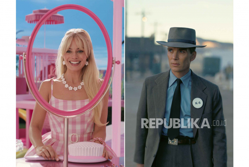 This combination of images shows Margot Robbie in a scene from Barbie, left, and Cillian Murphy in a scene from Oppenheimer. 