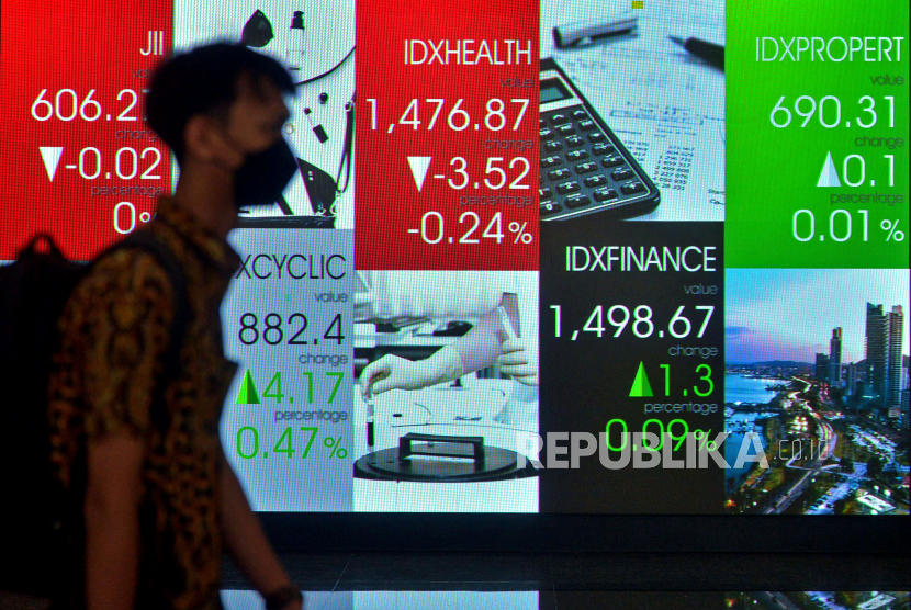 Karyawan melintas di dekat layar pergerakan Indeks Harga Saham Gabungan (IHSG) di gedung Bursa Efek Indonesia, Jakarta. ilustrasi