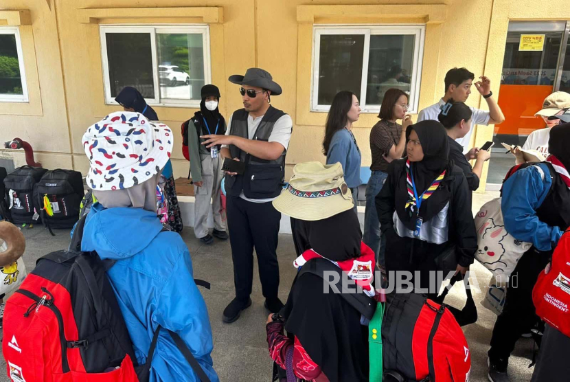 Proses pemindahan peserta kontingen pramuka RI dari Bumi Perkemahan Sae Man-geum, Provinsi Jeolla Utara ke Wonkwang University Dormitory, Selasa (8/8/2023) 