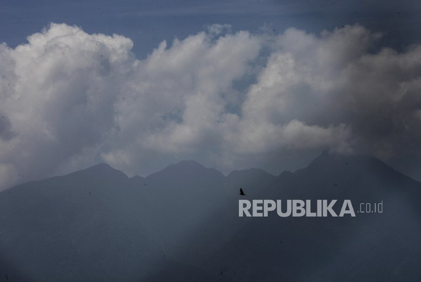 Seekor burung terbang dengan latar belakang Gunung Salak di Kota Bogor, Jawa Barat. Balai Besar Taman Nasional Gunung Halimun Salak (TNGHS) menutup sementara jalur pendakian Gunung Salak.