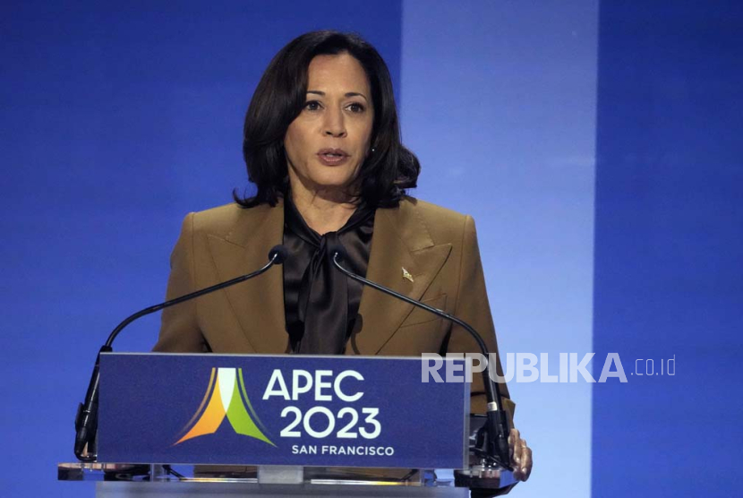 Vice President Kamala Harris speaks during the Asia-Pacific Economic Cooperation (APEC) conference,Thursday, Nov. 16, 2023, in San Francisco. 