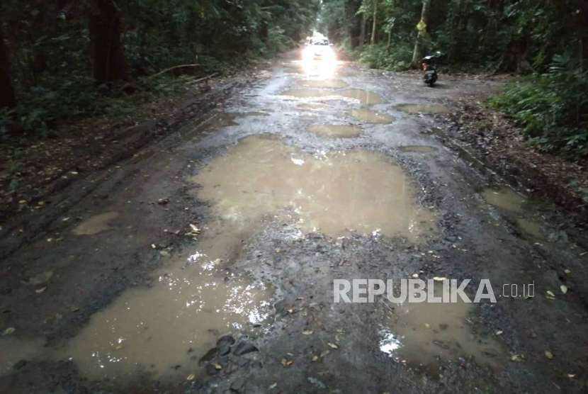 Kondisi jalan di salah satu titik kawasan Hutan Cifor, Kelurahan Bubulak, Kecamatan Bogor Barat, Kota Bogor, Jawa Barat.