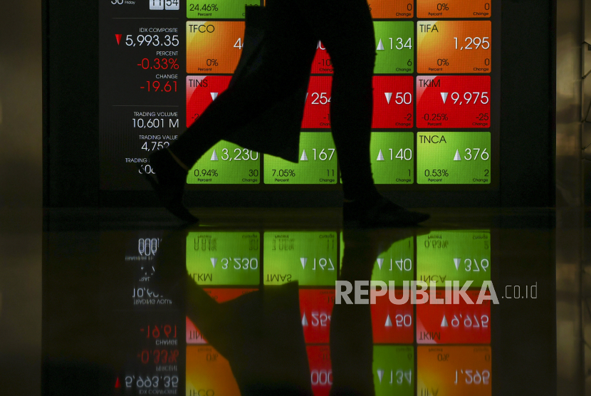 Pekerja melintas dengan latar belakang layar pergerakan harga saham di Bursa Efek Indonesia, Jakarta, Jumat (30/4). IHSG dibuka menguat ke level 5.974,56 dan terus naik hingga 5.990,76. 