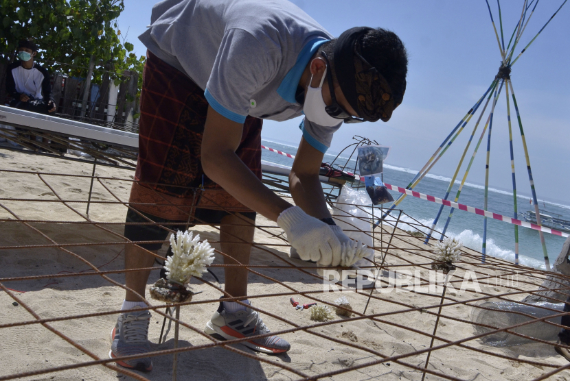 Warga melakukan proses penanaman terumbu karang saat kegiatan Sosialisasi Program Pemulihan Ekonomi Nasional Restorasi Terumbu Karang atau Indonesia Coral Reef Garden (ICRG) di Pantai Pandawa, Badung, Bali, Jumat (30/10/2020). Program ICRG di Bali akan dibangun dengan anggaran yang bersumber dari dana PEN sebesar Rp111,2 miliar yang akan melibatkan masyarakat di kawasan Nusa Dua, Sanur, Serangan, Pandawa dan Buleleng untuk mendukung pengembangan wisata bahari dan memulihkan ekonomi masyarakat pesisir Bali di tengah pandemi COVID-19. 