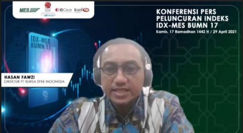Hasan Fawzi, Direktur Pengembangan Bursa BEI menjabarkan IDX-MES BUMN 17 di Jakarta, Kamis, 29 April 2021. (Tangkapan layar : Vicky Rachman/SWA).