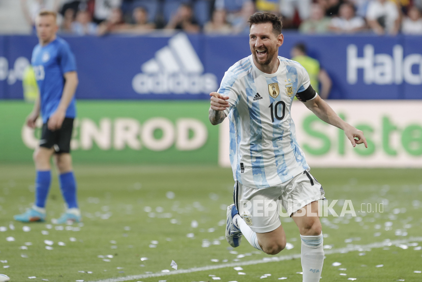 Bintang timnas Argentina Lionel Messi saat melakukan selebrasi usai mencetak gol. Bintang Kroasia Luka Modric menjagokan Messi dan Argentina juara Piala Dunia 2022 Qatar. 