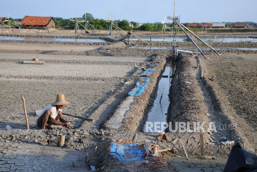 Petani meratakan lahan garam di Desa Bunder, Pamekasan, Jawa Timur, Sabtu (2/5/2020). Menjelang musim olah garam tahun ini, petani garam di daerah itu berharap pemerintah dapat menekan kran impor garam agar harganya tidak anjlok seperti tahun 2019 lalu