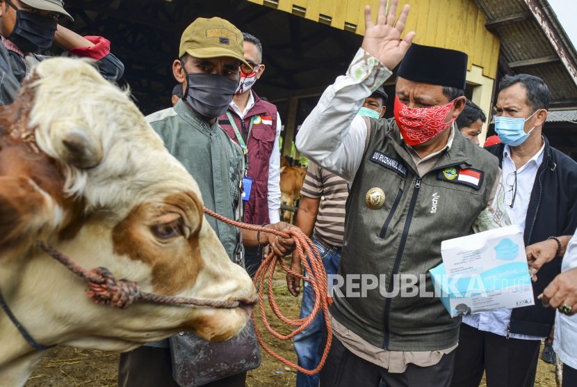Wakil Gubernur Jawa Barat Uu Ruzhanul Ulum (kedua kanan) meninjau pasar hewan Manonjaya, Kabupaten Tasikmalaya, Jawa Barat, Rabu (15/7/2020). Kunjungan kerja tersebut dalam rangka memeriksa kesiapan para pedagang pasar hewan dalam penerapan protokol kesehatan seiring tatanan normal baru di tengah pandemi COVID-19. 