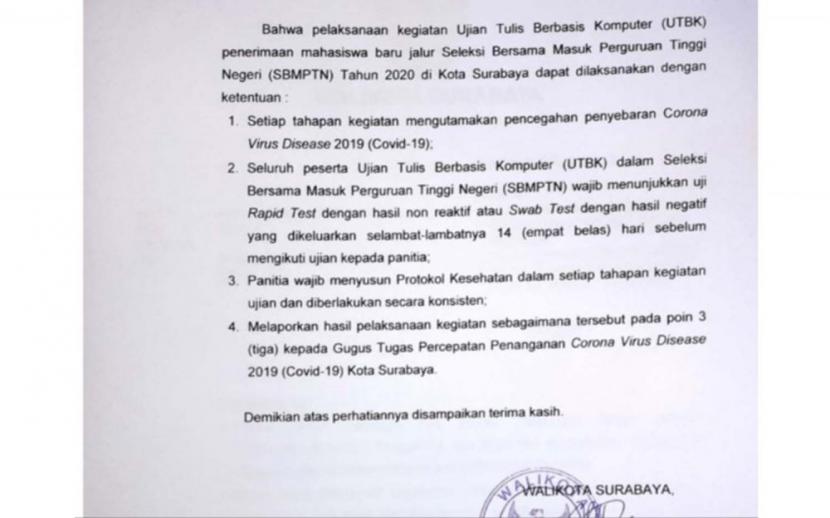 Pemkot Surabaya Wajibkan Peserta UTBK SBMPTN 2020 Rapid Test