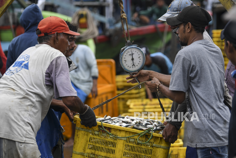 Pekerja menimbang ikan yang dibongkar muat di Dermaga Pelabuhan Muara Angke, Jakarta Utara, Selasa (27/12/2022). KKP berkomitmen mendukung pengembangan usaha kelautan dan perikanan melalui pembiayaan dari lembaga keuangan.