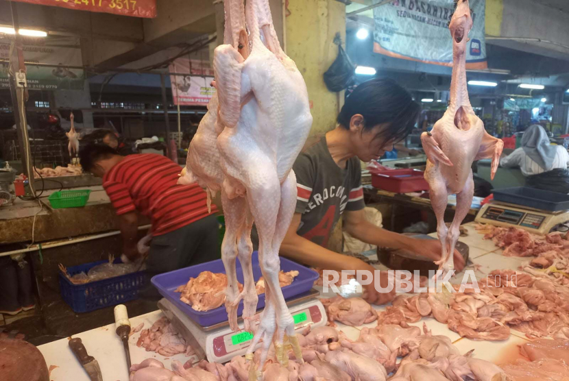 Pedagang daging ayam tengah melayani konsumen di Pasar Tradisional Kosambi Kota Bandung, Jawa Barat, Senin (13/3/2023). 