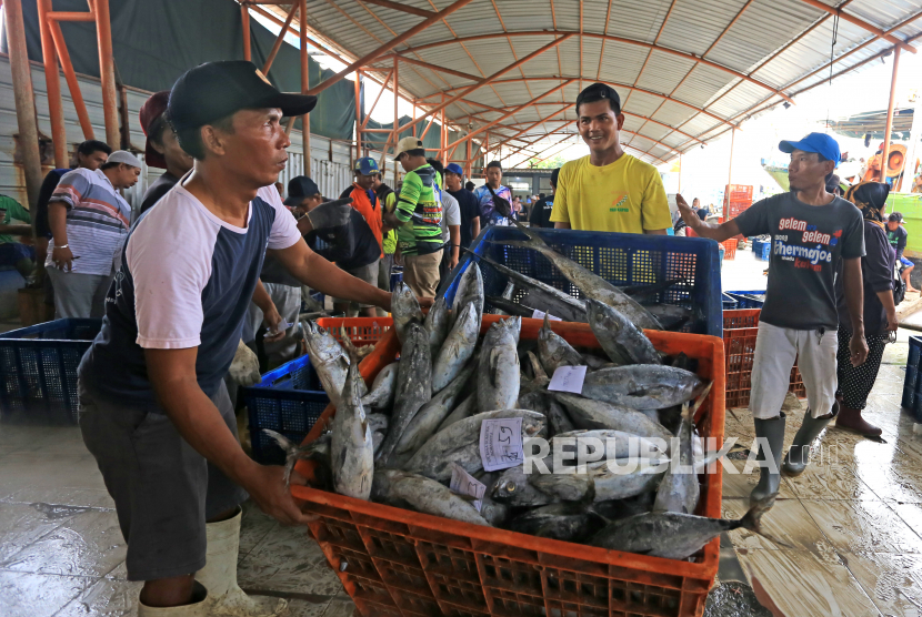 Pekerja mengumpulkan ikan di tempat pelelangan ikan Karangsong, Indramayu, Jawa Barat, Senin (6/12/2021). Kementerian Kelautan dan Perikanan menyatakan selama periode Januari hingga Oktober 2021, nilai ekspor produk perikanan indonesia mencapai 4,56 Miliar dolar AS atau naik 6,6 persen dibanding periode yang sama tahun 2020 sebesar 4,28 miliar dolar AS.